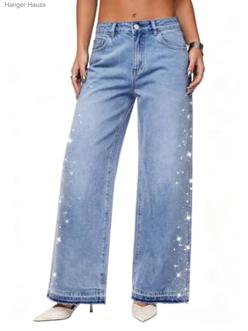 Rhinestone Baggy Jeans Women High Waisted Wide Leg Tall Y2K